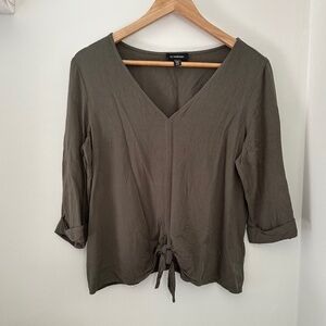 Le Chateau | Women’s Dark Green V Neck Blouse With Tie Front  Detail